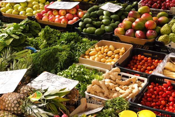 Marbella, Malaga province, Andalucia, Spain - March 18, 2019 : fresh fruits and vegetables for sale in a local farmers market